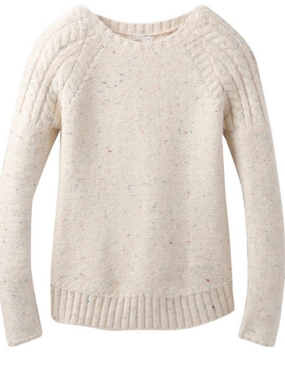 PrAna Crew Neck Pia Sweater, cream confetti, cozy winter, cable knit, gorpcore
